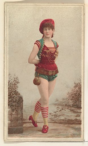 Actress in red and white striped knee socks, from Stars of the Stage, Second Series (N130) issued by Duke Sons & Co. to promote Honest Long Cut Tobacco