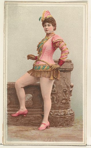 Actress wearing pink costume with brass horn on hip, from Stars of the Stage, Second Series (N130) issued by Duke Sons & Co. to promote Honest Long Cut Tobacco