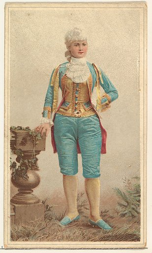 Actress wearing ornate costume with gold bodice and blue trousers, from Stars of the Stage, Second Series (N130) issued by Duke Sons & Co. to promote Honest Long Cut Tobacco