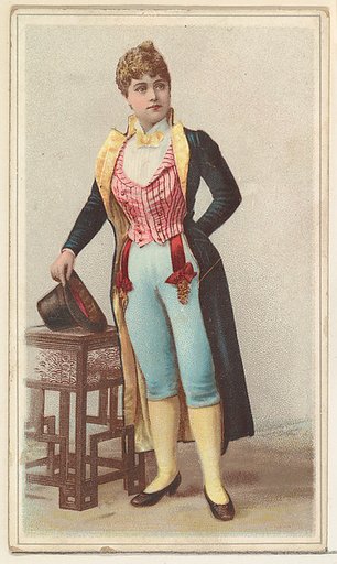 Actress wearing long black jacket with yellow lining, from Stars of the Stage, Second Series (N130) issued by Duke Sons & Co. to promote Honest Long Cut Tobacco