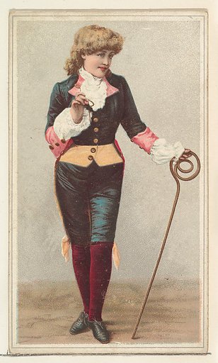 Actress wearing costume with elaborate cane, from Stars of the Stage, Second Series (N130) issued by Duke Sons & Co. to promote Honest Long Cut Tobacco