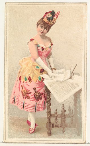Actress pointing to page in newspaper, from Stars of the Stage, Second Series (N130) issued by Duke Sons & Co. to promote Honest Long Cut Tobacco