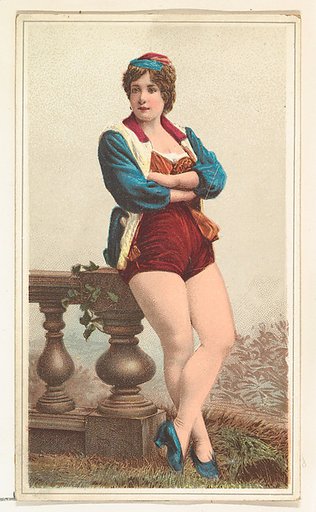Actress leaning against wooden bannister, from Stars of the Stage, Second Series (N130) issued by Duke Sons & Co. to promote Honest Long Cut Tobacco