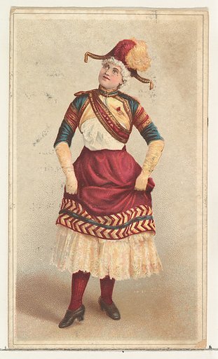 Actress lifting long skirt to dance, from Stars of the Stage, Second Series (N130) issued by Duke Sons & Co. to promote Honest Long Cut Tobacco