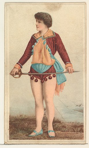 Actress holding long sword in both hands, from Stars of the Stage, Second Series (N130) issued by Duke Sons & Co. to promote Honest Long Cut Tobacco