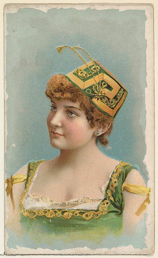 Actress wearing green and yellow fez, from Stars of the Stage, First Series (N129) issued by W. Duke, Sons & Co. to promote Honest Long Cut Tobacco