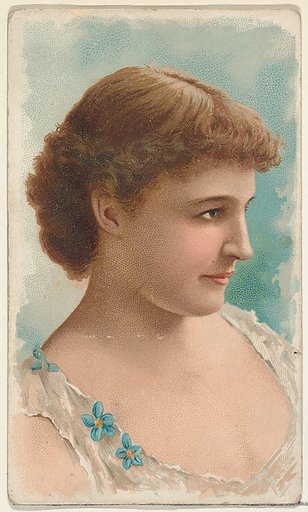 Actress wearing white sleeveless bodice with blue floral details, from Stars of the Stage, First Series (N129) issued by W. Duke, Sons & Co. to promote Honest Long Cut Tobacco
