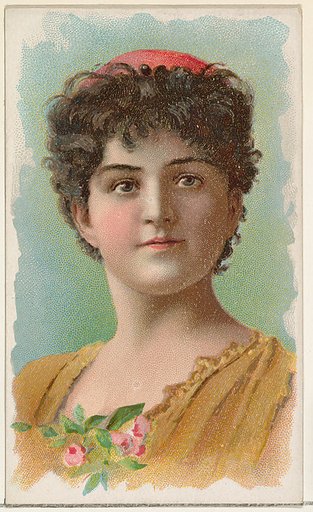 Actress wearing pink flowers on bodice, from Stars of the Stage, First Series (N129) issued by W. Duke, Sons & Co. to promote Honest Long Cut Tobacco