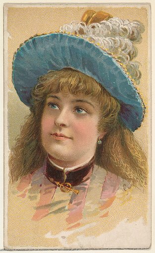 Actress wearing wide-brimmed blue hat with white feathers, from Stars of the Stage, First Series (N129) issued by W. Duke, Sons & Co. to promote Honest Long Cut Tobacco