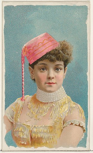 Actress wearing pink fez, from Stars of the Stage, First Series (N129) issued by W. Duke, Sons & Co. to promote Honest Long Cut Tobacco