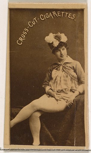 Seated actress wearing tights and feathered hat, from the Actors and Actresses series (N145-1) issued by Duke Sons & Co. to promote Cross Cut Cigarettes