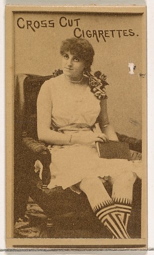 Seated actress wearing patterned stockings, from the Actors and Actresses series (N145-1) issued by Duke Sons & Co. to promote Cross Cut Cigarettes