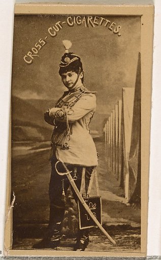 Actress wearing military costume with sword, from the Actors and Actresses series (N145-1) issued by Duke Sons & Co. to promote Cross Cut Cigarettes