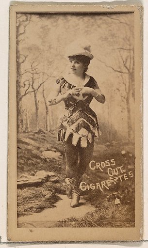 Actress posing in studio forest scene, from the Actors and Actresses series (N145-1) issued by Duke Sons & Co. to promote Cross Cut Cigarettes