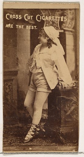 Actress in profile leaning on ornate table, from the Actors and Actresses series (N145-1) issued by Duke Sons & Co. to promote Cross Cut Cigarettes