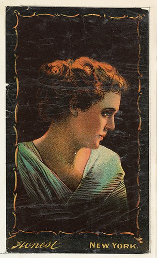 Portrait of actress in profile facing right, from the Transparencies series (N137) issued by W. Duke, Sons & Co. to promote Honest Long Cut Tobacco