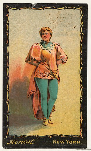 Full-length portrait of actress wearing draped costume, from the Transparencies series (N137) issued by W. Duke, Sons & Co. to promote Honest Long Cut Tobacco