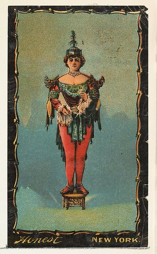 Actress in costume standing on wooden pedestal, from the Transparencies series (N137) issued by W. Duke, Sons & Co. to promote Honest Long Cut Tobacco