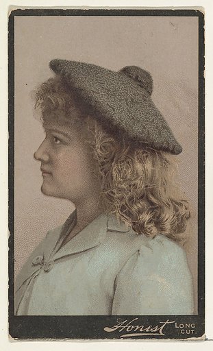 Actress wearing unstructured cloth cap, from Stars of the Stage, Third Series (N131) issued by Duke Sons & Co. to promote Honest Long Cut Tobacco