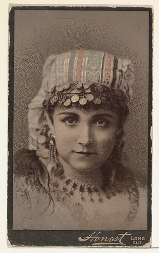 Actress wearing ornate cloth headpiece decorated with dangling coins, from Stars of the Stage, Third Series (N131) issued by Duke Sons & Co. to promote Honest Long Cut Tobacco