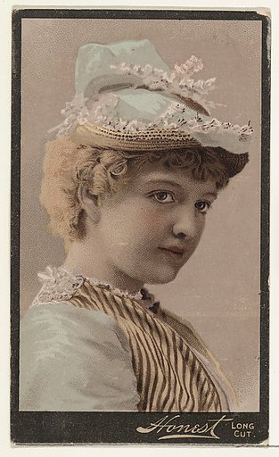 Blonde actress wearing petite straw-brimmed cap decorated with white flowers, from Stars of the Stage, Third Series (N131) issued by Duke Sons & Co. to promote Honest Long Cut Tobacco