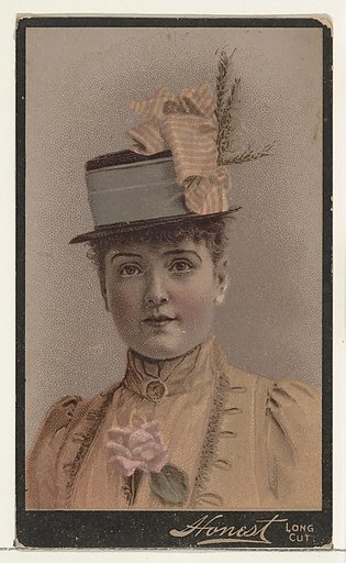 Actress wearing tall structured hat with striped ribbon, from Stars of the Stage, Third Series (N131) issued by Duke Sons & Co. to promote Honest Long Cut Tobacco