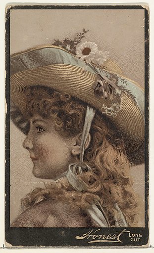Actress in profile wearing wide brimmed straw hat decorated with flowers, from Stars of the Stage, Third Series (N131) issued by Duke Sons & Co. to promote Honest Long Cut Tobacco