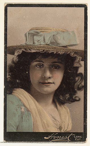 Actress wearing straw hat with blue ribbons, from Stars of the Stage, Third Series (N131) issued by Duke Sons & Co. to promote Honest Long Cut Tobacco