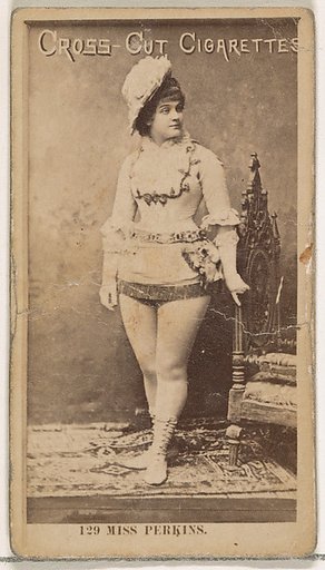 Card Number 129, Miss Carrie Perkins, from the Actors and Actresses series (N145-2) issued by Duke Sons & Co. to promote Cross Cut Cigarettes