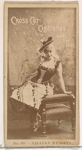 Card Number 99, Lillian Russell, from the Actors and Actresses series (N145-2) issued by Duke Sons & Co. to promote Cross Cut Cigarettes