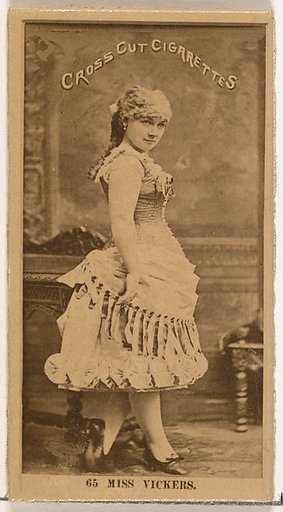 Card Number 65, Miss Mattie Vickers, from the Actors and Actresses series (N145-2) issued by Duke Sons & Co. to promote Cross Cut Cigarettes
