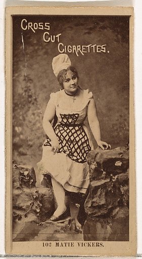 Card Number 102, Miss Mattie Vickers, from the Actors and Actresses series (N145-2) issued by Duke Sons & Co. to promote Cross Cut Cigarettes