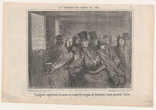Voyageurs appréciant de moins en moins les..., from Les Agréments des Chemins de Fer, published in Le Charivari, December 25, 1856