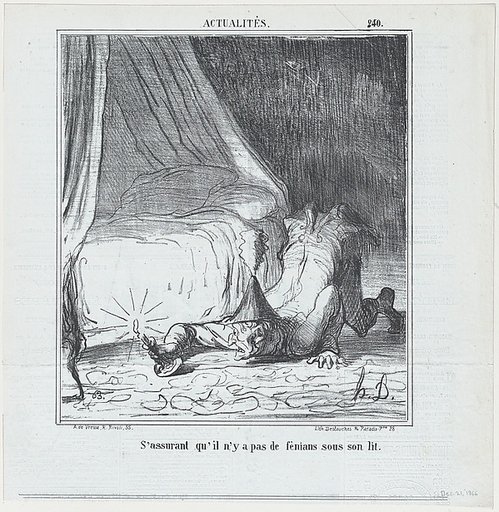 S'assurant qu'il n'y a pas de féniant sous son lit, from Actualités, published in Le Charivari, December 21, 1866