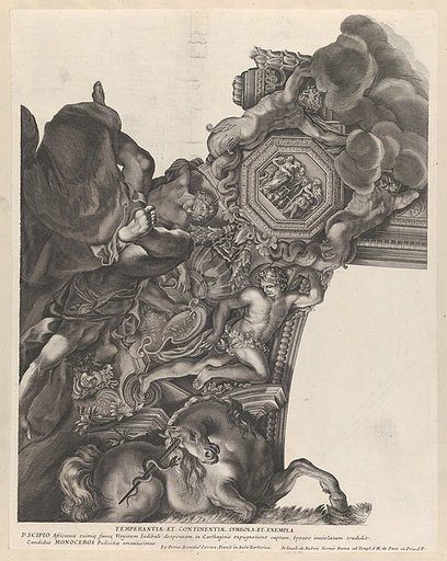 Plate 9: Allegory of Temperance with a unicorn and Publius Scipio Africanus at bottom, from "Barberinae aulae fornix"