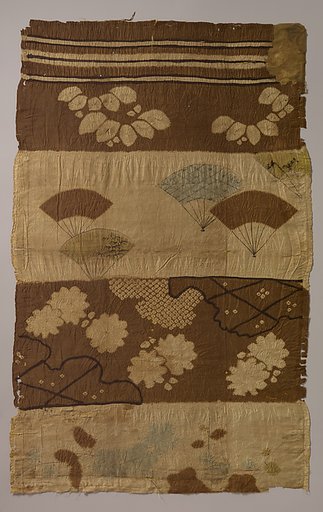 Tsujigahana Textile with Horizontal Stripes, Flowering Plants, Fans, Snowflakes, Clouds, and Bellflowers