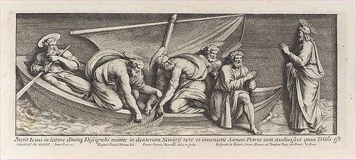 Christ speaking with Saint Peter, who kneels before him in adoration and with his hands joined in prayer, while the Apostles draw up their nets behind him, after Raphael's Stanza dell'incendio del Borgo, from a series of 15 plates, depicting Raphael's works for the Vatican stanze and the Sistine Cha