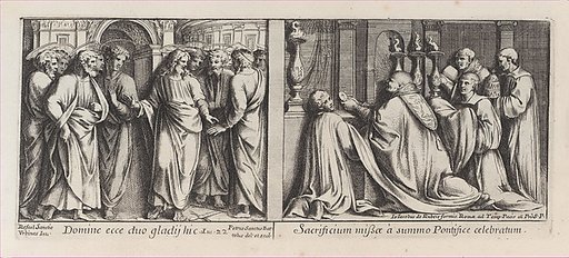 Two Biblical Scenes: The Apostles Showing Christ their Swords at left, after Raphael's Stanza della Segnatura and the Pope Celebrates Mass with Four Priests,after Raphael's Stanza di Eliodoro, from a series of 15 plates depicting Raphael's works for the Vatican stanze and the Sistine Chapel tapestri