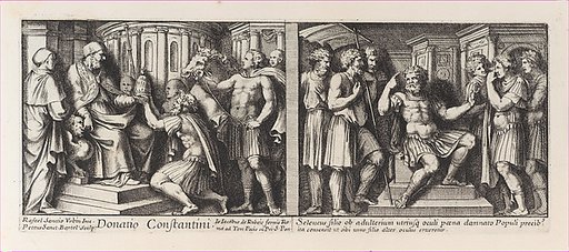 Two Biblical Scenes: Constantine donating the City of Rome to Pope Sylvester at left, after Raphael's Stanza di Eliodoro and The  Judgement of Seleucids at right, after Raphael's Stanza della Segnatura, from a series of 15 plates depicting Raphael's works for the Vatican stanze and the Sistine Chape