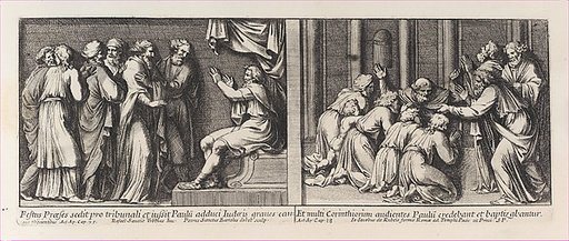 Two Biblical Scenes: Festus judging Saint Paul at left and Saint Paul Baptizing the Christians of Corinth at right, from a series of 15 plates depicting Raphael's works for the Vatican stanze and the Sistine Chapel tapestries