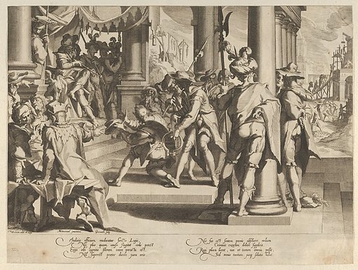 Allegory of Justice (Sanctity of the Law) with a court scene depicting a man being pardoned by a judge, plate 12 from "Thronus Justitiae, tredecim pulcherrimus tabulis..."