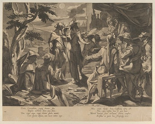 A Moonlit scene depicting the Areopagite judged of Athens, plate 8 from "Thronus Justitiae, tredecim pulcherrimus tabulis..."