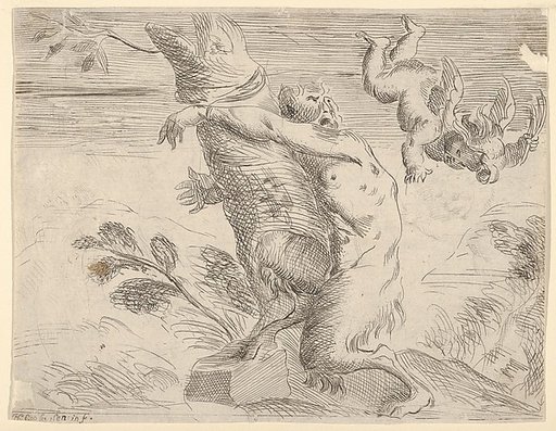 Winged putto whipping a satyr