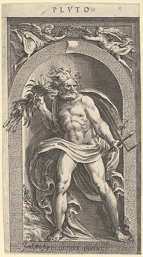 Neptune standing in a niche holding a trident in his left hand, foliage in his right