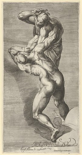 Two damned souls fighting, after Michelangelo's "The Last Judgment" fresco in the Sistine Chapel