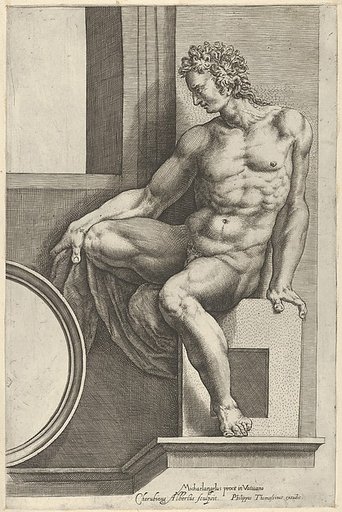 A naked man (Ignudo), seated facing left, holding a piece of fabric, after Michelangelo's  'The Last Judgment' fresco in the Sistine Chapel