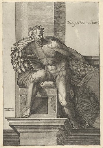 A naked man (Ignudo) with a garland with acorns over his shoulders, after Michelangelo's  'The Last Judgment' fresco in the Sistine Chapel