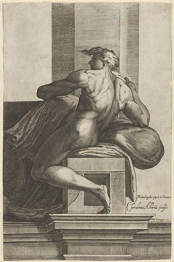A naked man (Ignudo), seated and facing left, after Michelangelo's  'The Last Judgment' fresco in the Sistine Chapel
