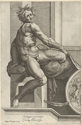 A naked man (Ignudo), twisting towards the right, holding drapery, after Michelangelo's  'The Last Judgment' fresco in the Sistine Chapel