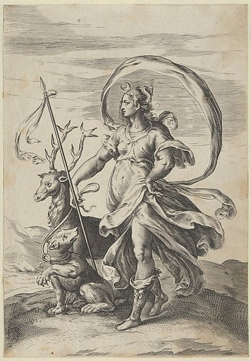 Diana holding a spear with a stag at right and holding a bear on a leash